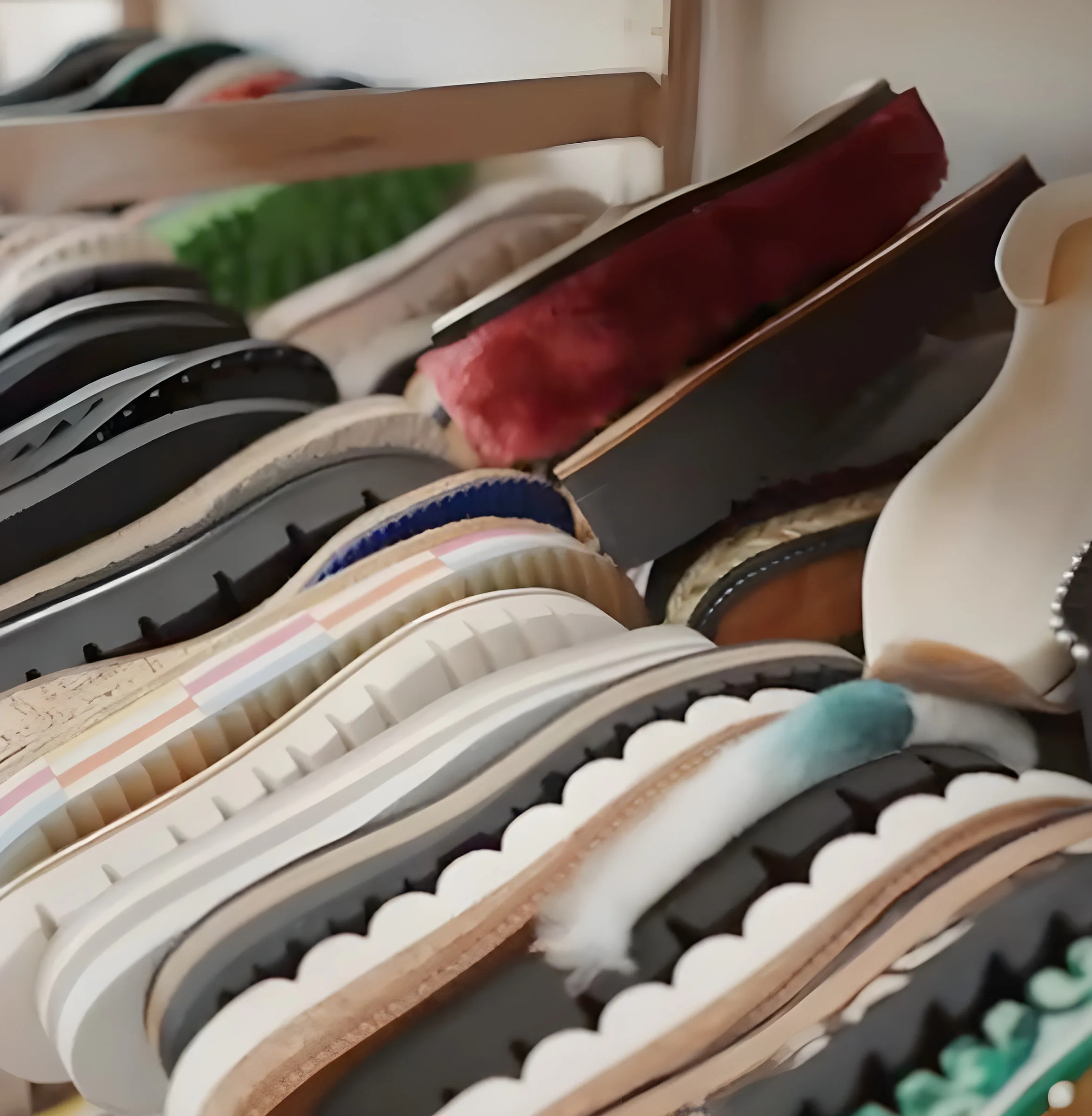Shelf of soles in different colours and materials