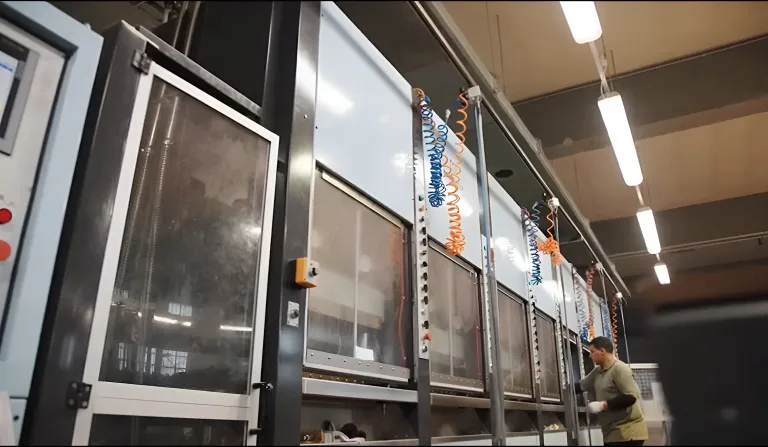 Reparto produttivo con impianti automatici e un operatore al lavoro